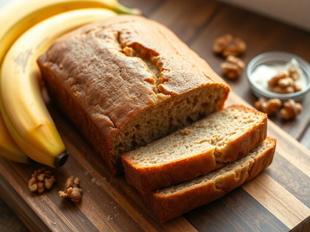 A freshly baked Banana Loaf Bread Recipe with a golden brown crust, moist interior, surrounded by ripe bananas and a bowl of walnuts on a rustic wooden table, highlighted by natural light.

