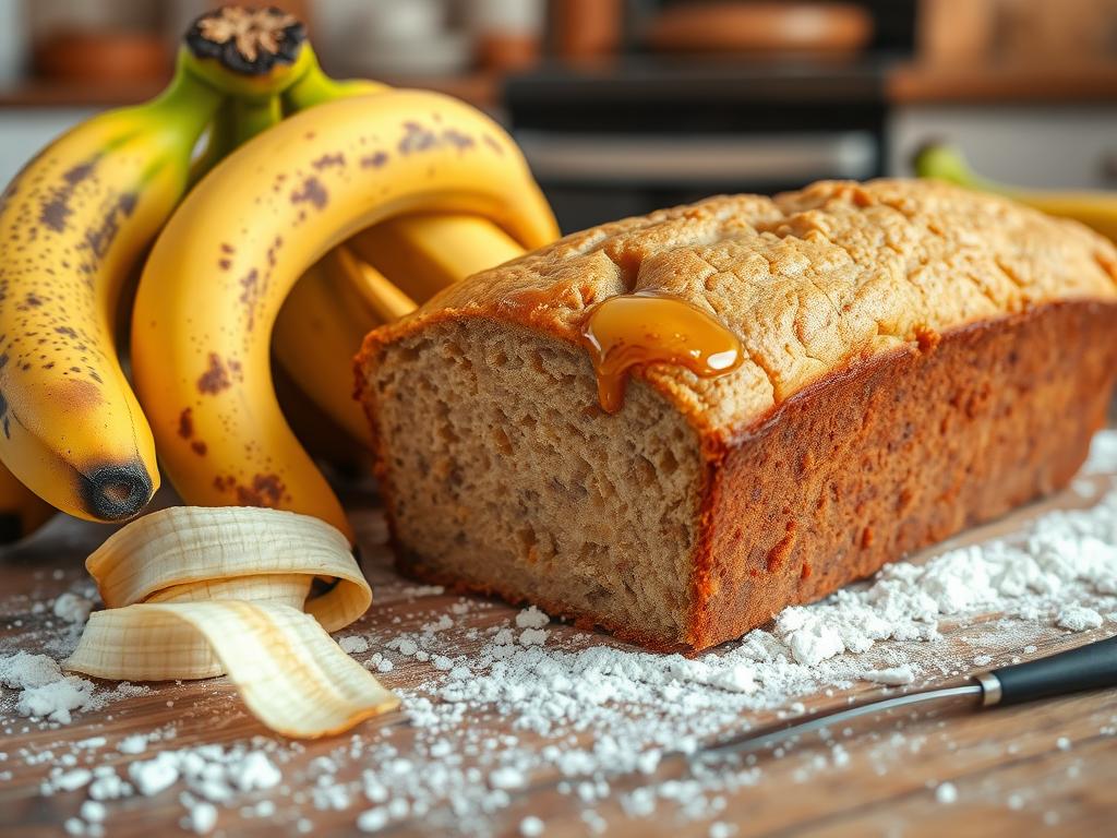 A freshly baked Banana Loaf Bread Recipe with a golden brown crust, moist interior, surrounded by ripe bananas and a bowl of walnuts on a rustic wooden table, highlighted by natural light.

