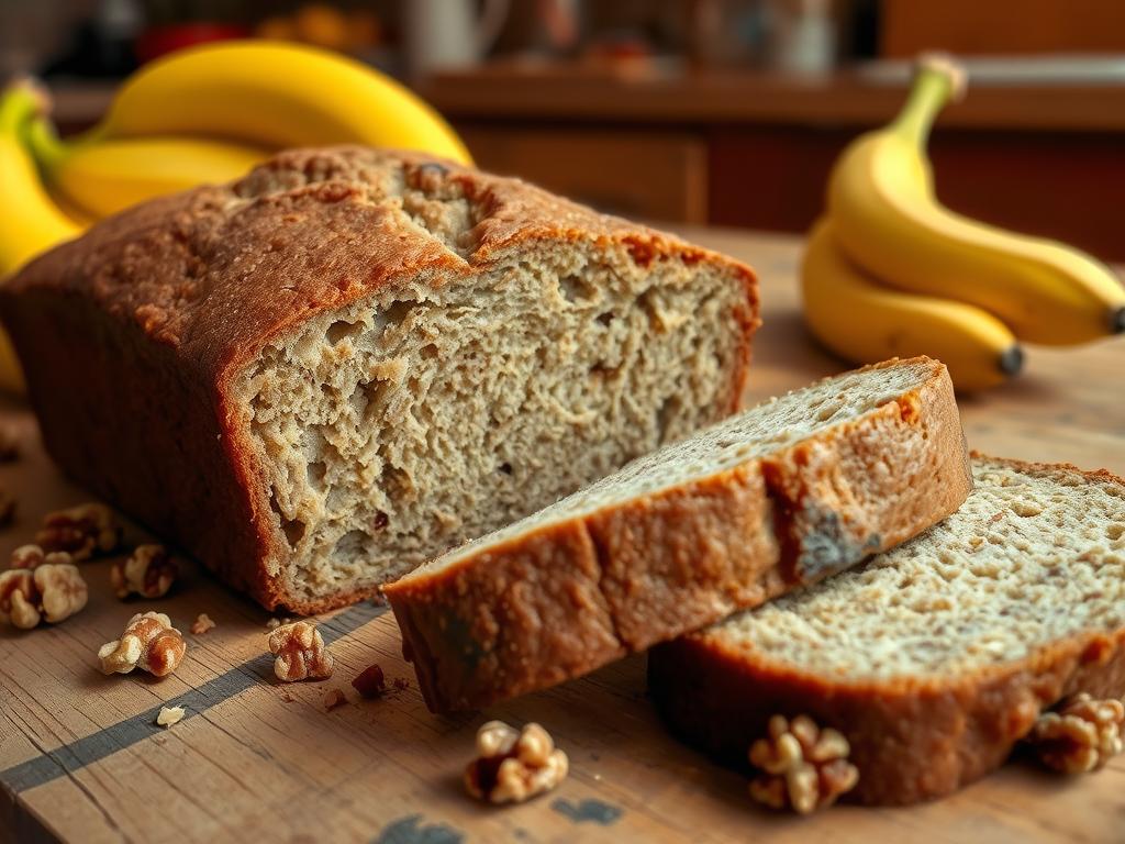 A freshly baked Banana Loaf Bread Recipe with a golden brown crust, moist interior, surrounded by ripe bananas and a bowl of walnuts on a rustic wooden table, highlighted by natural light.

