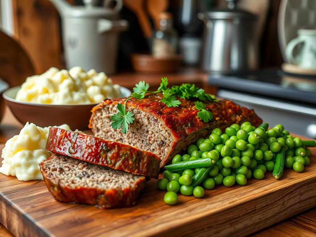 A rustic meatloaf recipe presented on a wooden cutting board, garnished with fresh parsley, served with creamy mashed potatoes and green peas in a warm kitchen setting.