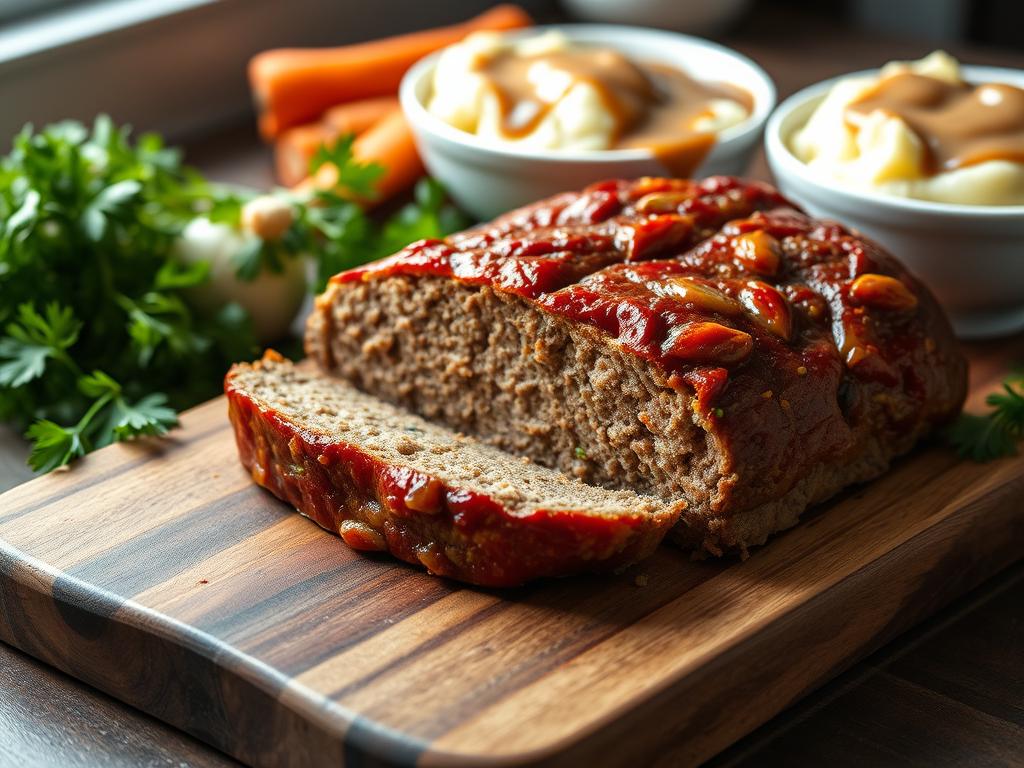 A rustic meatloaf recipe presented on a wooden cutting board, garnished with fresh parsley, served with creamy mashed potatoes and green peas in a warm kitchen setting.