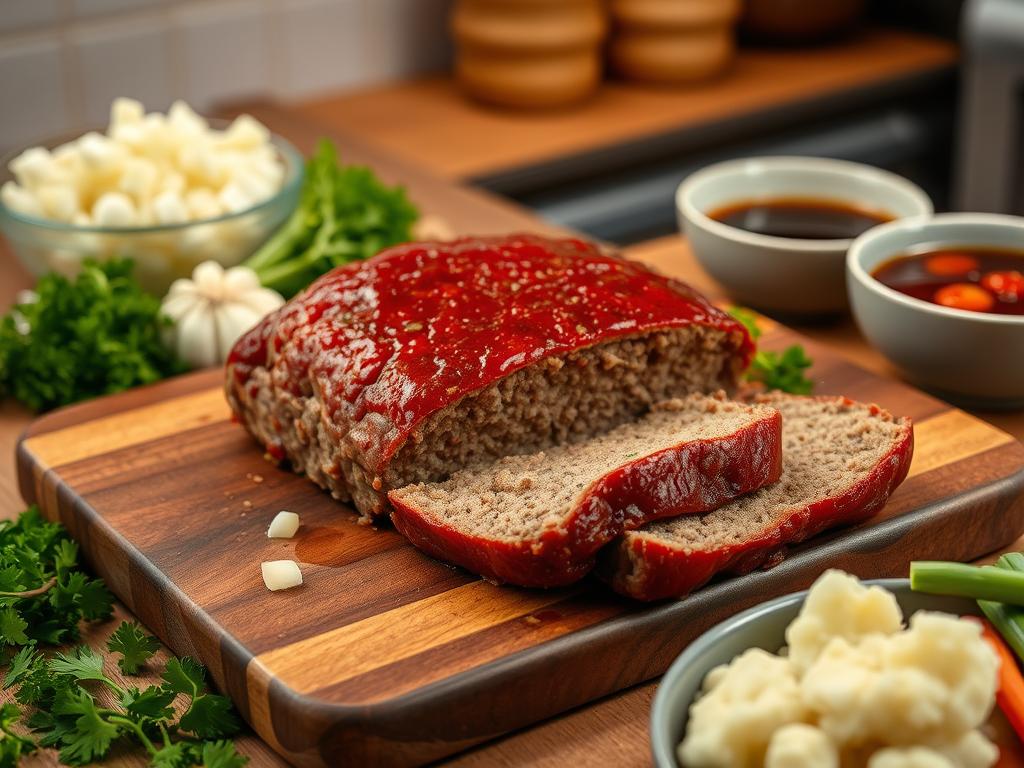 A rustic meatloaf recipe presented on a wooden cutting board, garnished with fresh parsley, served with creamy mashed potatoes and green peas in a warm kitchen setting.