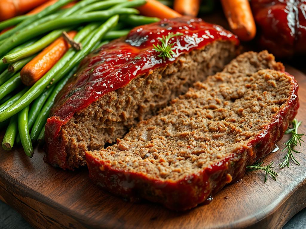 A rustic meatloaf recipe presented on a wooden cutting board, garnished with fresh parsley, served with creamy mashed potatoes and green peas in a warm kitchen setting.