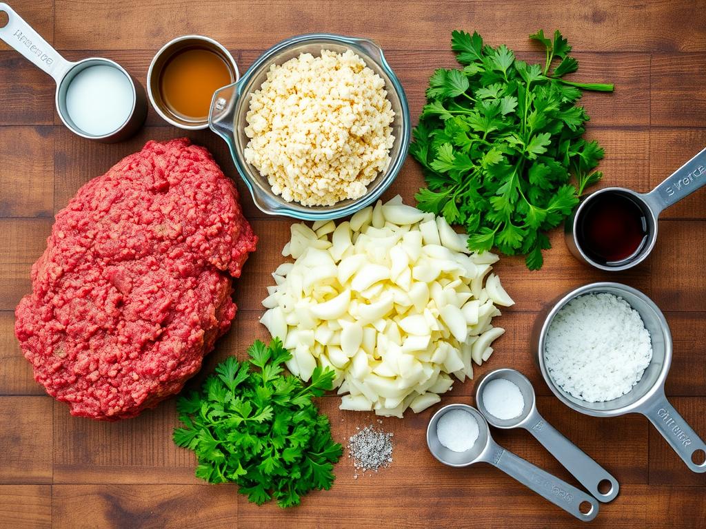 A rustic meatloaf recipe presented on a wooden cutting board, garnished with fresh parsley, served with creamy mashed potatoes and green peas in a warm kitchen setting.