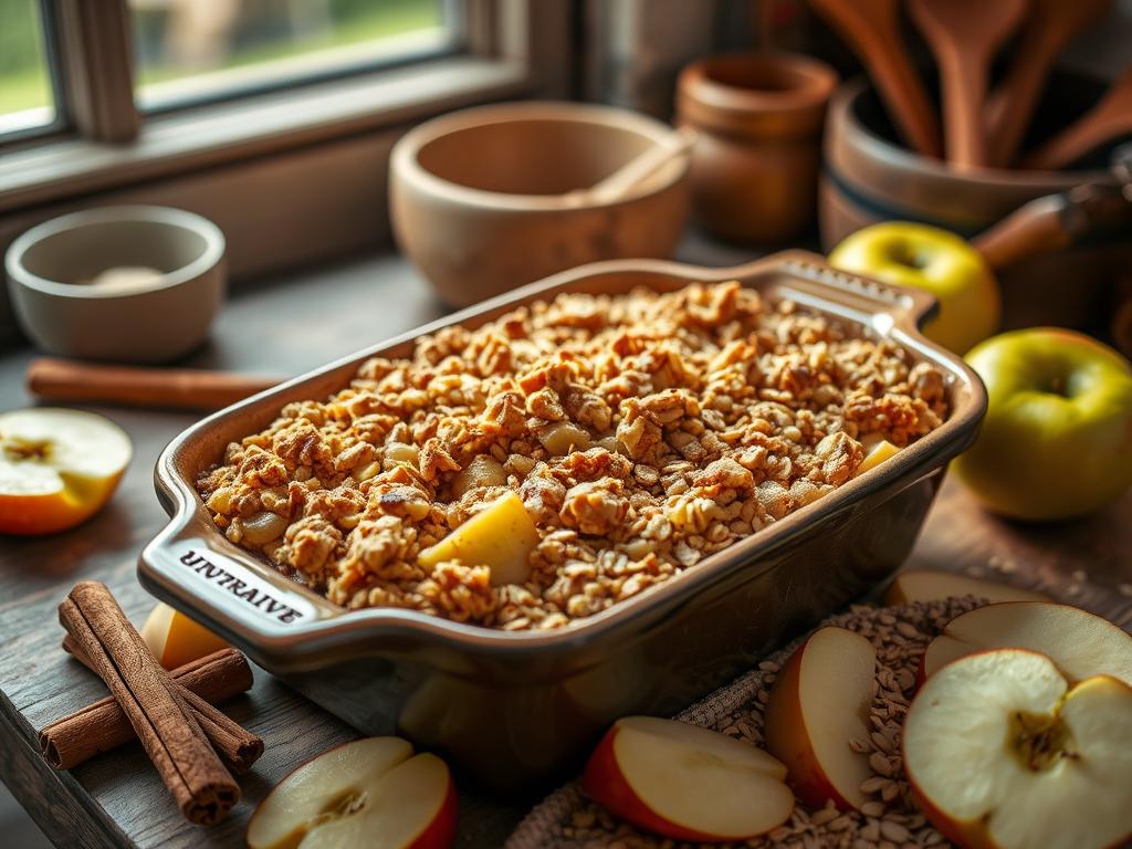 A freshly baked apple fruit crisp recipe in a ceramic dish with a golden-brown, crispy topping, surrounded by sliced apples, cinnamon sticks, and oats in a rustic kitchen setting with soft natural light.