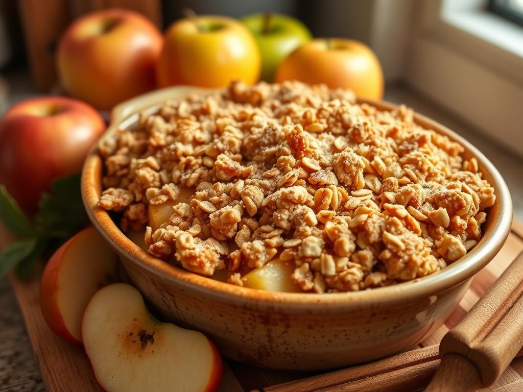 A freshly baked apple fruit crisp recipe in a ceramic dish with a golden-brown, crispy topping, surrounded by sliced apples, cinnamon sticks, and oats in a rustic kitchen setting with soft natural light.