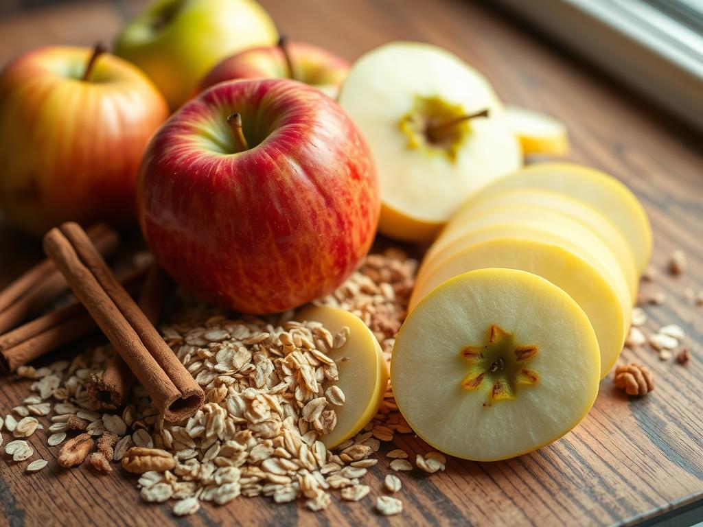 A freshly baked apple fruit crisp recipe in a ceramic dish with a golden-brown, crispy topping, surrounded by sliced apples, cinnamon sticks, and oats in a rustic kitchen setting with soft natural light.