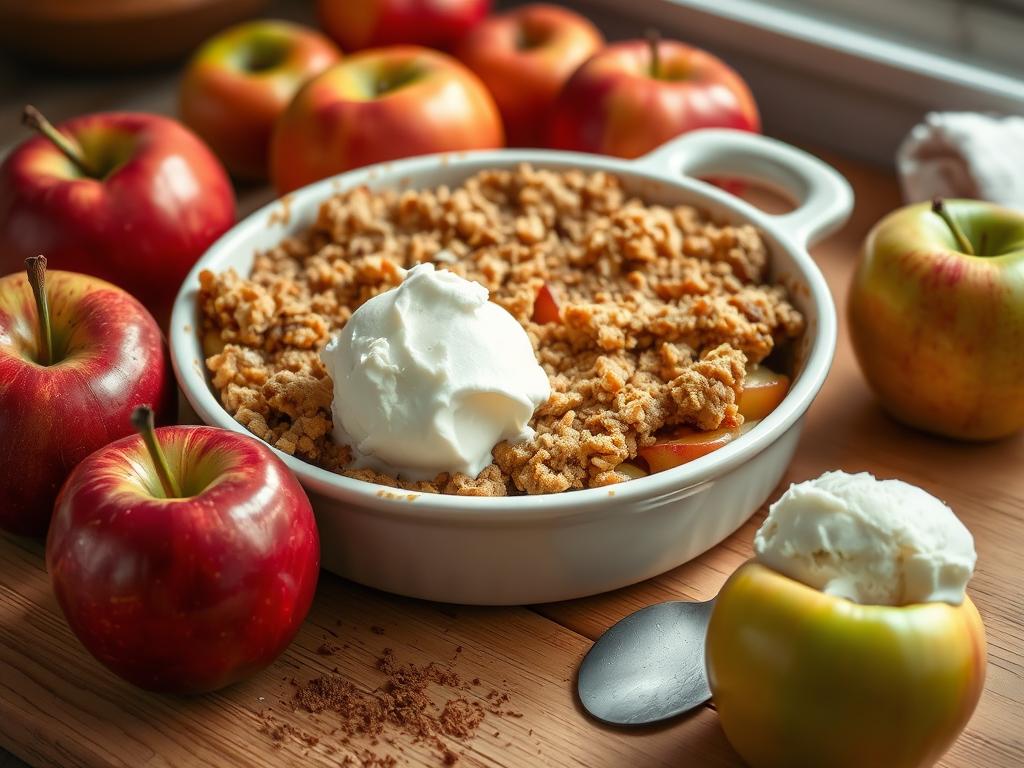 A freshly baked apple fruit crisp recipe in a ceramic dish with a golden-brown, crispy topping, surrounded by sliced apples, cinnamon sticks, and oats in a rustic kitchen setting with soft natural light.