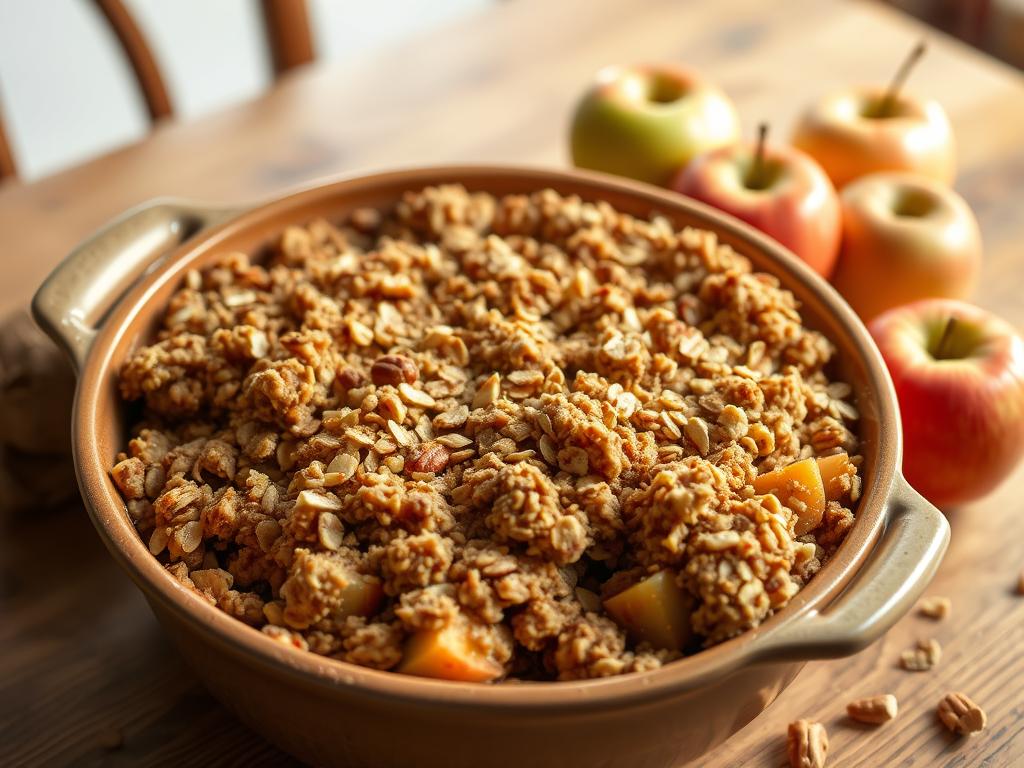 A freshly baked apple fruit crisp recipe in a ceramic dish with a golden-brown, crispy topping, surrounded by sliced apples, cinnamon sticks, and oats in a rustic kitchen setting with soft natural light.