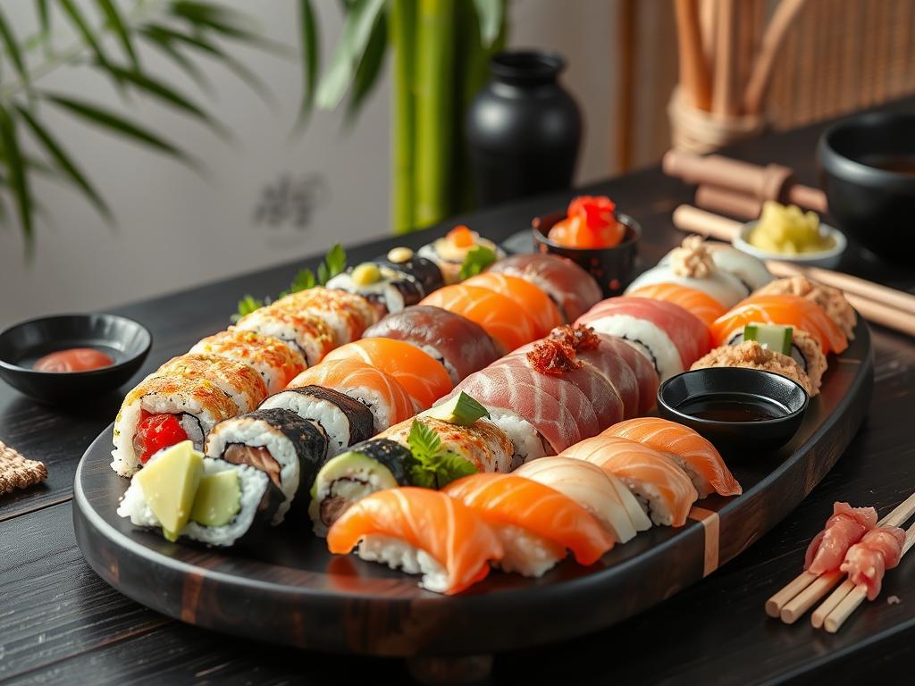 A vibrant sushi platter showcasing sushi food recipes with assorted rolls, nigiri, sashimi, and maki, made with fresh ingredients like avocado, cucumber, and fish, garnished with wasabi and pickled ginger, served with soy sauce on a wooden table.