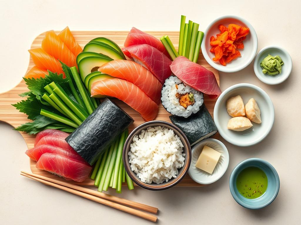 A vibrant sushi platter showcasing sushi food recipe with assorted rolls, nigiri, sashimi, and maki, made with fresh ingredients like avocado, cucumber, and fish, garnished with wasabi and pickled ginger, served with soy sauce on a wooden table.