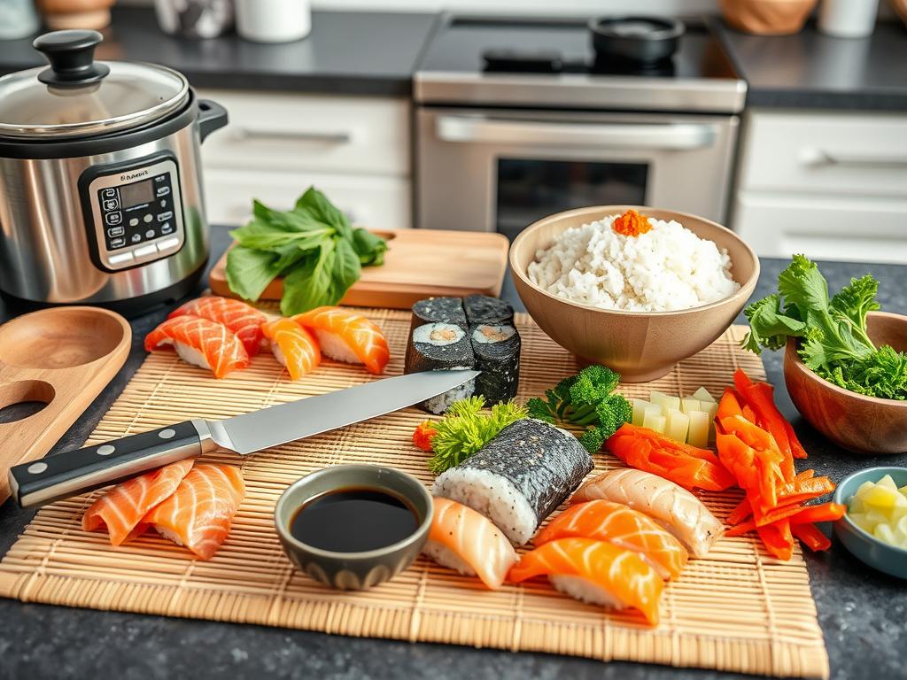 A vibrant sushi platter showcasing sushi food recipe with assorted rolls, nigiri, sashimi, and maki, made with fresh ingredients like avocado, cucumber, and fish, garnished with wasabi and pickled ginger, served with soy sauce on a wooden table.