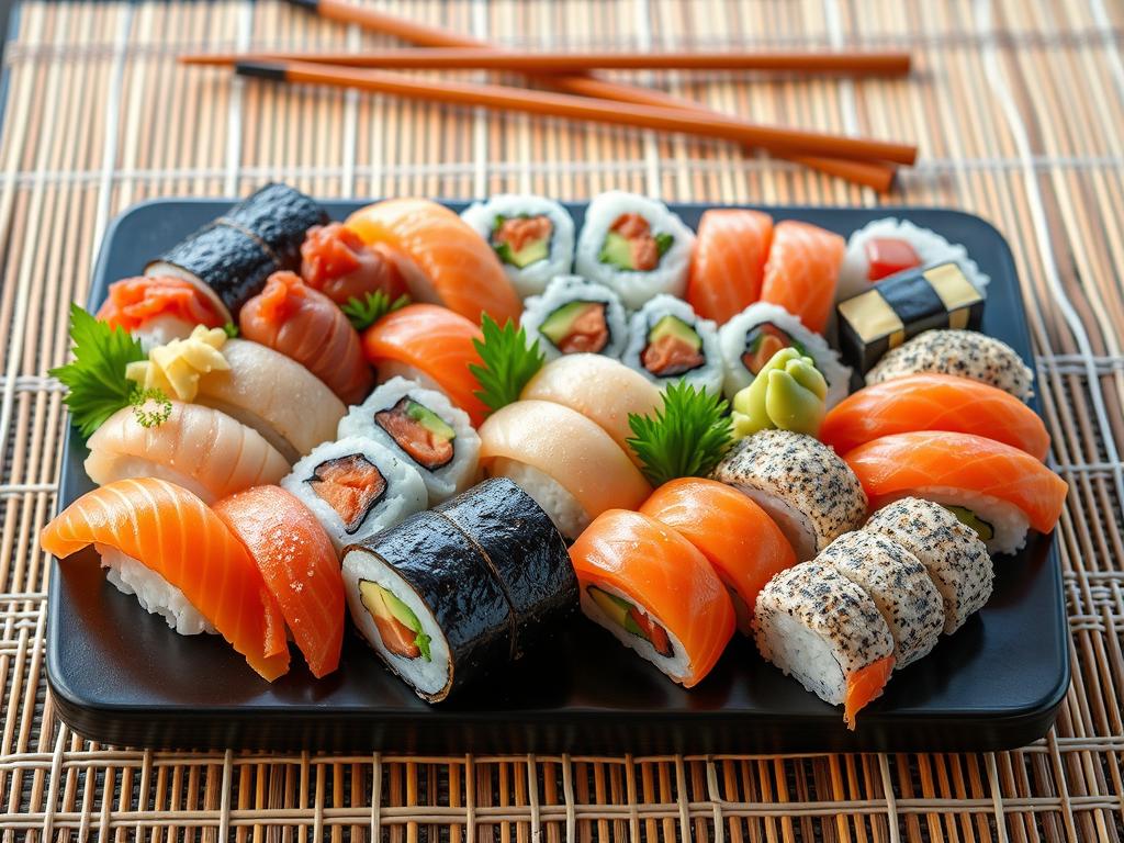 A vibrant sushi platter showcasing sushi food recipe with assorted rolls, nigiri, sashimi, and maki, made with fresh ingredients like avocado, cucumber, and fish, garnished with wasabi and pickled ginger, served with soy sauce on a wooden table.