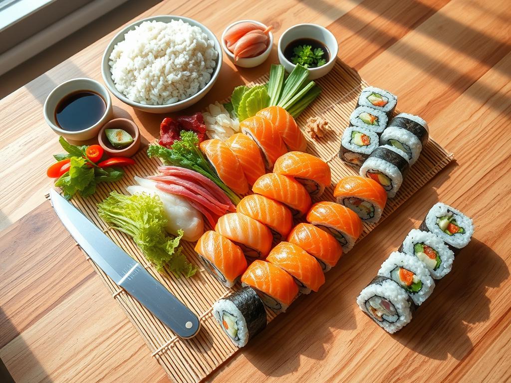 A vibrant sushi platter showcasing sushi food recipes with assorted rolls, nigiri, sashimi, and maki, made with fresh ingredients like avocado, cucumber, and fish, garnished with wasabi and pickled ginger, served with soy sauce on a wooden table.