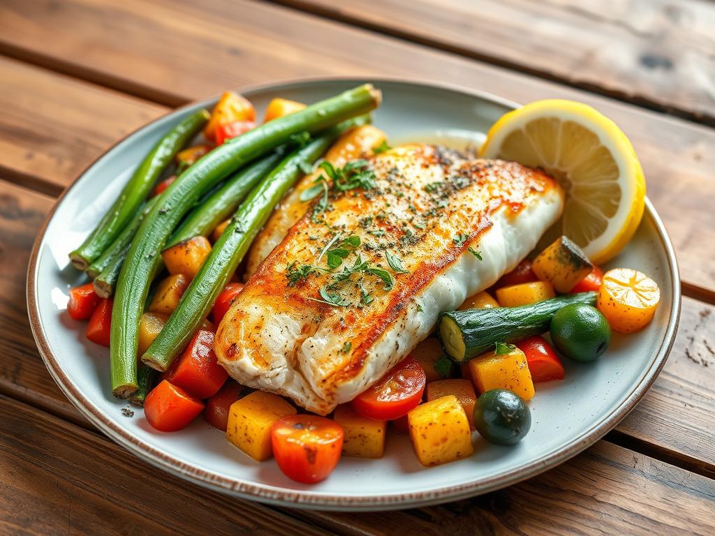 A plate of golden-brown baked pollock fillets garnished with fresh herbs, accompanied by sautéed vegetables and lemon butter sauce on a rustic wooden table.