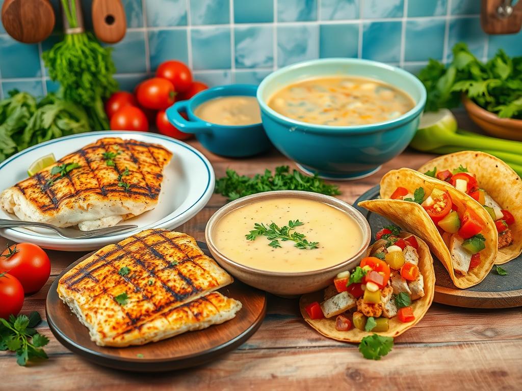 A vibrant kitchen scene featuring pollock fish dishes, including a grilled fillet with herbs, creamy chowder, and crispy fish tacos with fresh toppings, surrounded by vegetables and cooking utensils on a wooden table.