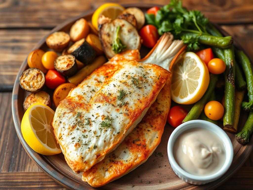 A beautifully arranged seafood platter with golden-brown pollock fillets, garnished with herbs, served with roasted vegetables, lemon slices, and homemade tartar sauce on a rustic wooden table.