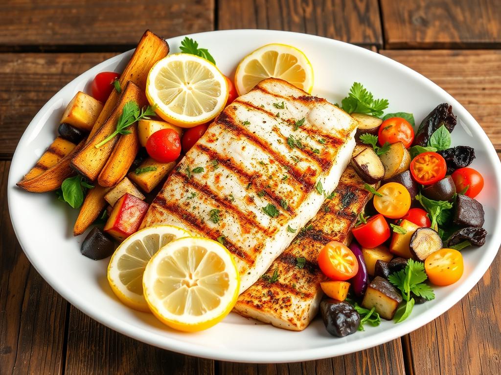 A plate of grilled pollock fillets garnished with lemon slices and fresh herbs, served with roasted vegetables and a vibrant salad, set against a rustic wooden background.