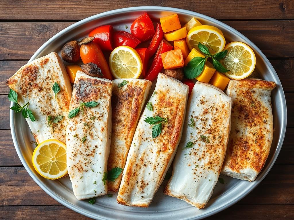 A beautifully arranged platter of cooked pollock fillets, seasoned with fresh herbs and garnished with lemon slices and colorful vegetables, displayed on a rustic wooden table showcasing grilled, baked, and fried cooking styles.