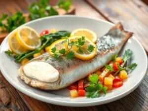 A beautifully plated steelhead trout fillet garnished with fresh herbs, lemon slices, and colorful vegetables, served with a side of creamy sauce on a rustic wooden table.