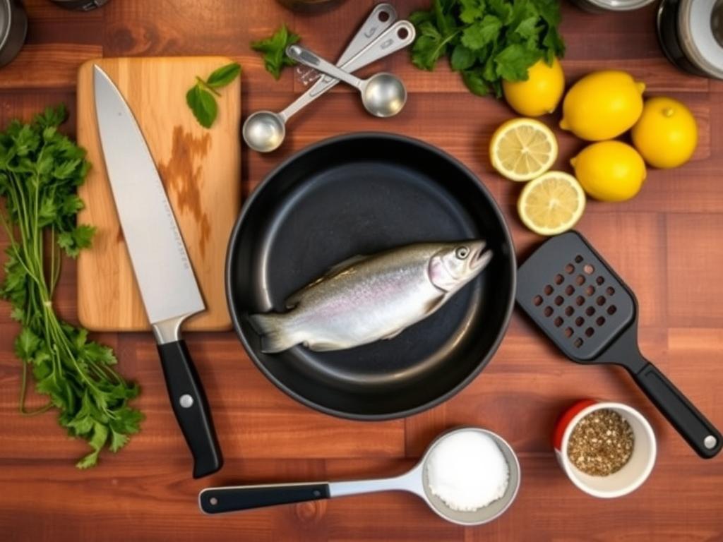 A neatly arranged set of essential kitchen tools for cooking steelhead trout, including a fillet knife, cutting board, measuring spoons, non-stick skillet, fish spatula, fresh herbs, lemon slices, and a bowl of seasoning on a rustic kitchen countertop with warm lighting.