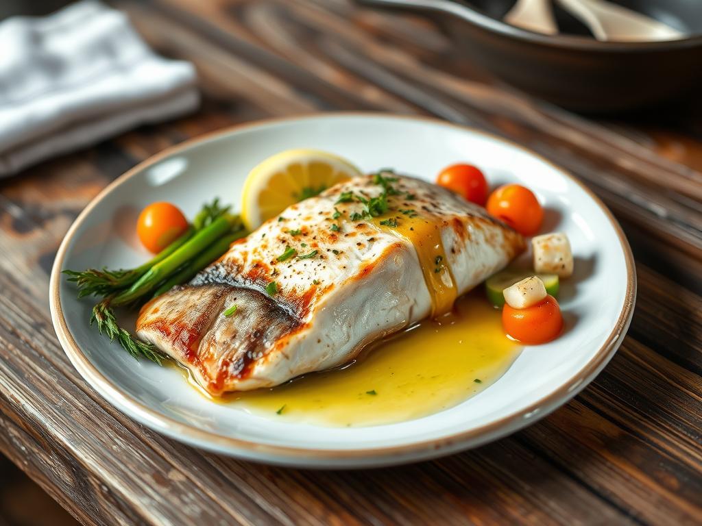 A beautifully plated steelhead trout fillet garnished with fresh herbs, surrounded by vibrant seasonal vegetables and drizzled with lemon butter sauce, set on a rustic wooden table with soft natural lighting.