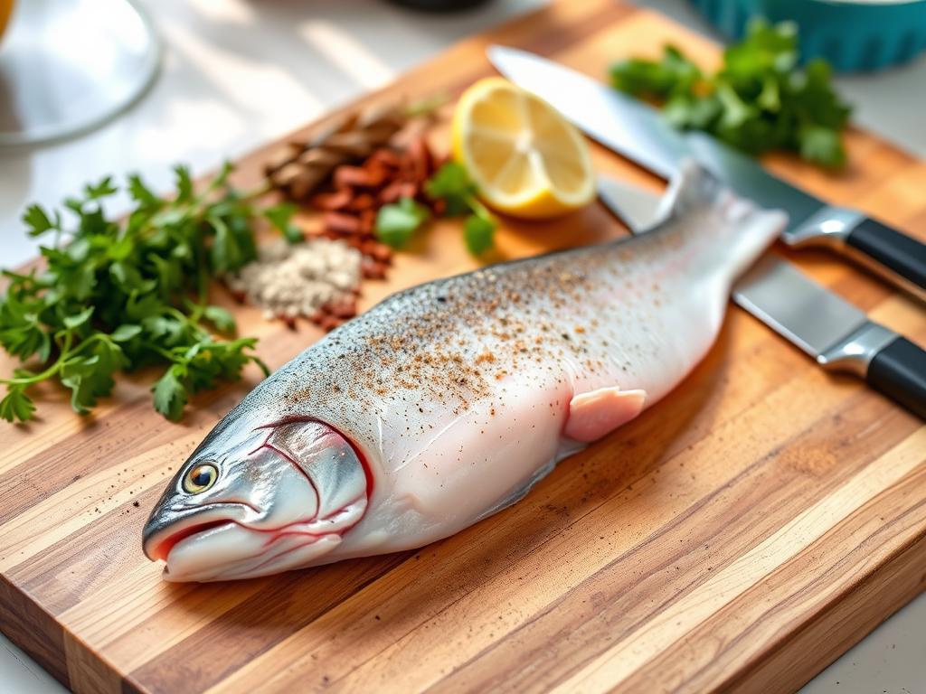  A fresh steelhead trout fillet on a wooden cutting board, accompanied by fresh herbs, spices, a lemon wedge, and a sharp knife in a vibrant kitchen setting, with natural light highlighting the preparation techniques of seasoning and marinating.