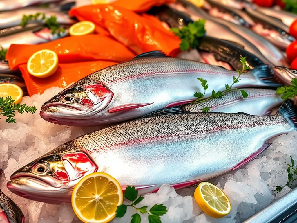 A vibrant display of fresh steelhead fish at a market, featuring shimmering scales and bright colors, arranged on ice with fresh herbs and lemon slices, highlighting their freshness and quality.