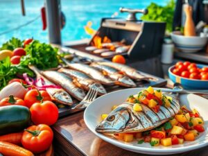 A vibrant kitchen scene with fresh wahoo fish being prepared, surrounded by colorful vegetables and herbs. In the background, a grill with flames, showcasing beautifully plated grilled wahoo with tropical fruit salsa, set against a bright coastal backdrop.