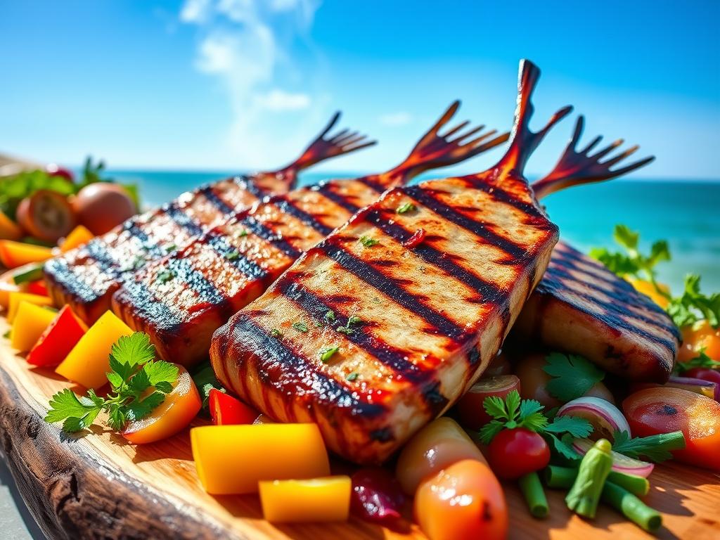 Deliciously grilled wahoo steaks with a light char, served on a wooden platter with vibrant vegetables and herbs, set against a seaside backdrop under a bright blue sky.