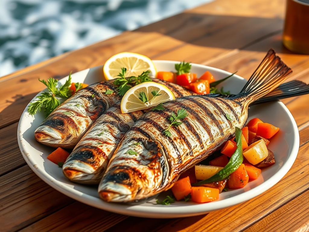 A beautifully plated wahoo fish dish with grilled fillets garnished with fresh herbs, lemon wedges, and colorful seasonal vegetables, set on a rustic wooden table with ocean waves in the background.