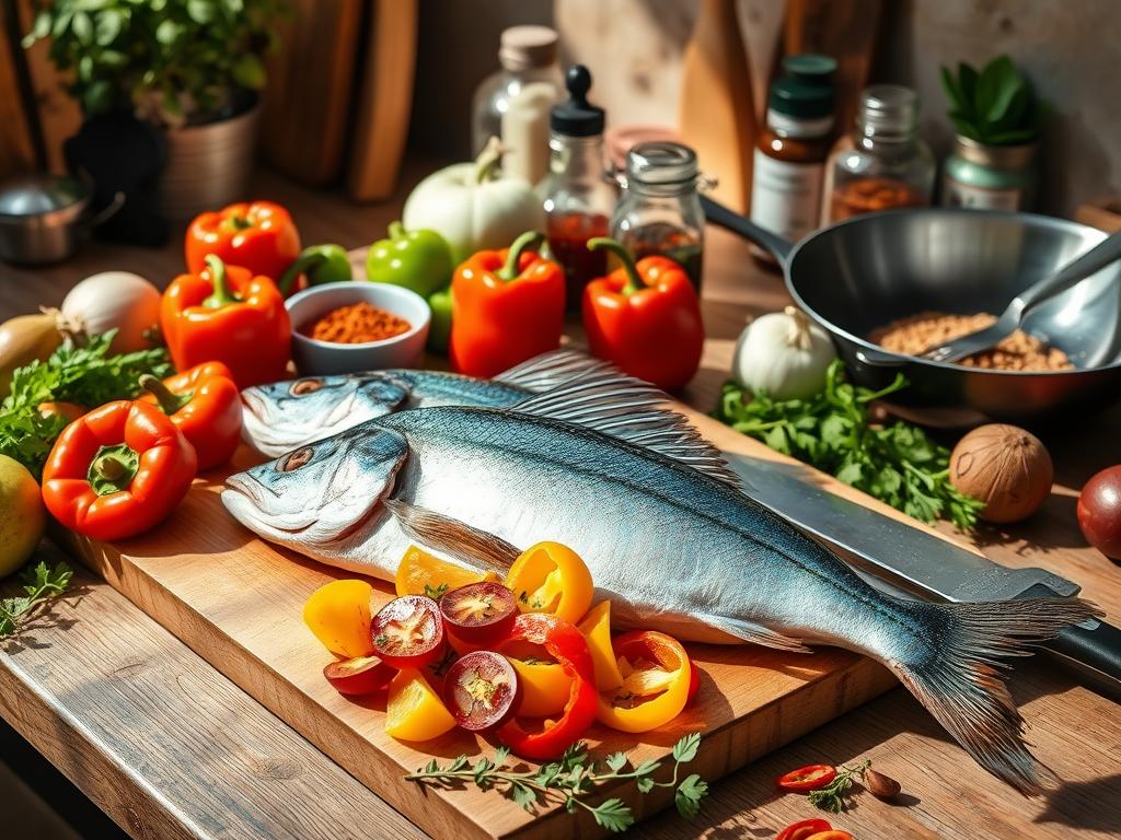 A vibrant kitchen scene featuring fresh wahoo fish on a cutting board, surrounded by colorful vegetables, herbs, spices, and cooking utensils, with natural light highlighting the textures of the fish and ingredients.