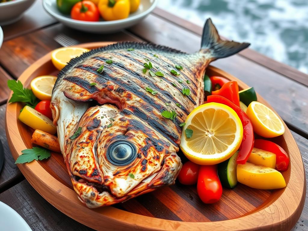  Grilled wahoo fish on a wooden platter, charred with grill marks, garnished with fresh herbs and lemon wedges, surrounded by vibrant vegetables like bell peppers and zucchini, set against a rustic outdoor dining table with ocean waves in the background.