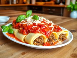 Homemade meat manicotti topped with marinara sauce and melted mozzarella cheese, garnished with fresh basil on a rustic wooden table with a warm kitchen background.