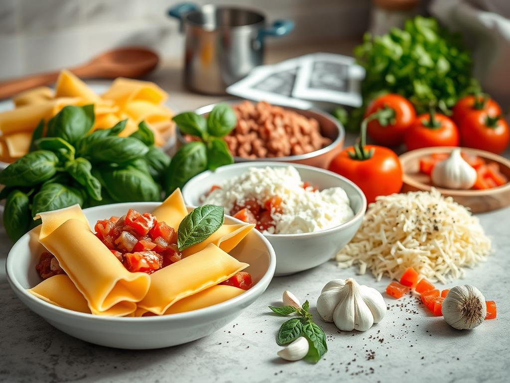 Kitchen counter with manicotti ingredients: manicotti shells, ground meat, ricotta, fresh basil, Parmesan cheese, diced tomatoes, garlic, black pepper, wooden spoon, and small pot in soft natural light.