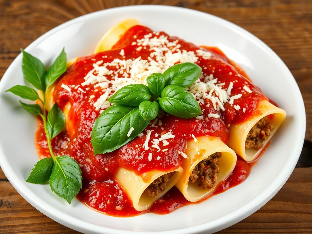 Traditional Italian-American manicotti with savory meat filling, marinara sauce, melted mozzarella and parmesan cheese, garnished with fresh basil on a rustic wooden table.