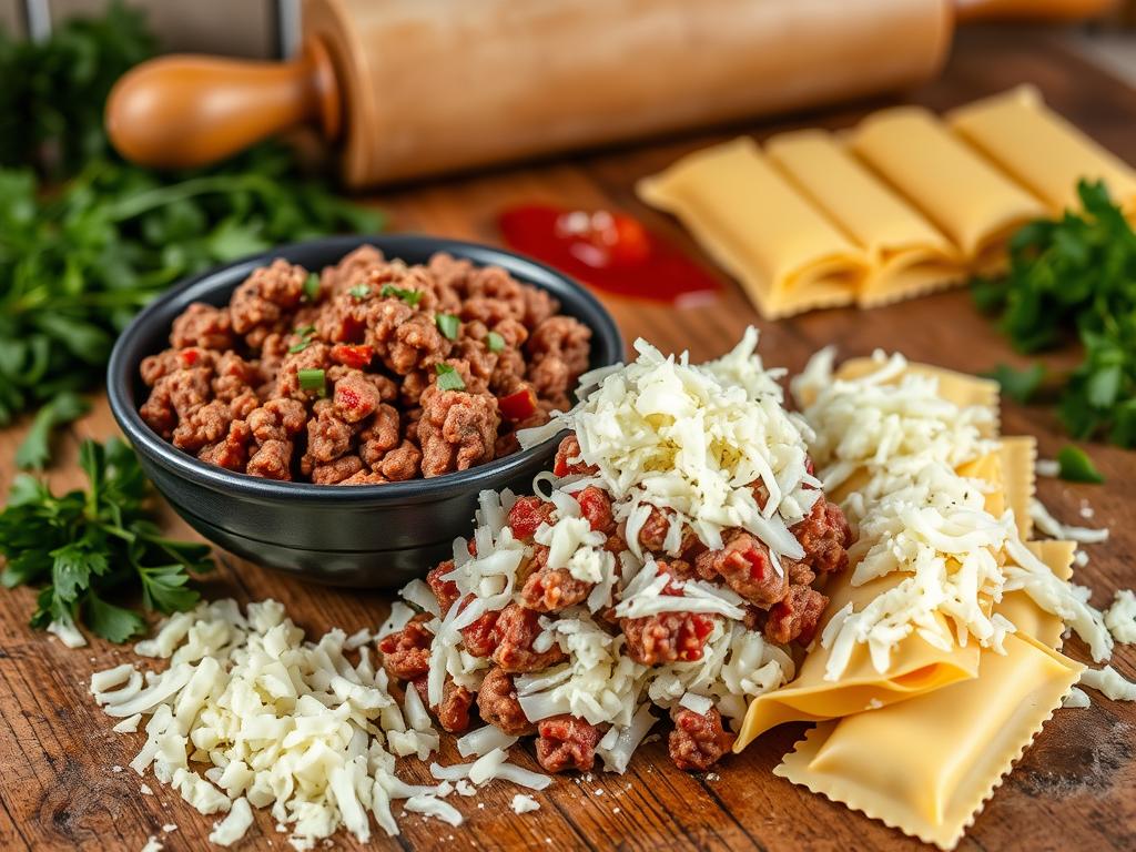 Close-up of a rustic kitchen counter with seasoned ground beef, chopped onions, ricotta cheese, fresh herbs, spices, rolling pin, and manicotti pasta shells.