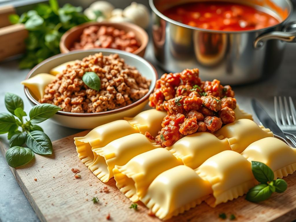 Close-up of sausage manicotti preparation with uncooked manicotti shells, seasoned Italian sausage mixture, fresh basil and parsley, and a pot of simmering marinara sauce in soft natural light.
