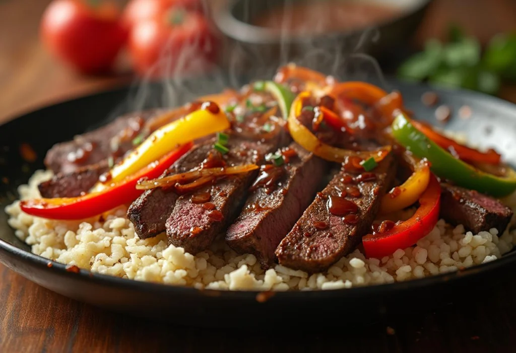 A close-up image of Sizzling Chinese Pepper Steak with Onions, featuring tender beef strips, vibrant green and red bell peppers, and caramelized onions in a glossy soy-based sauce.