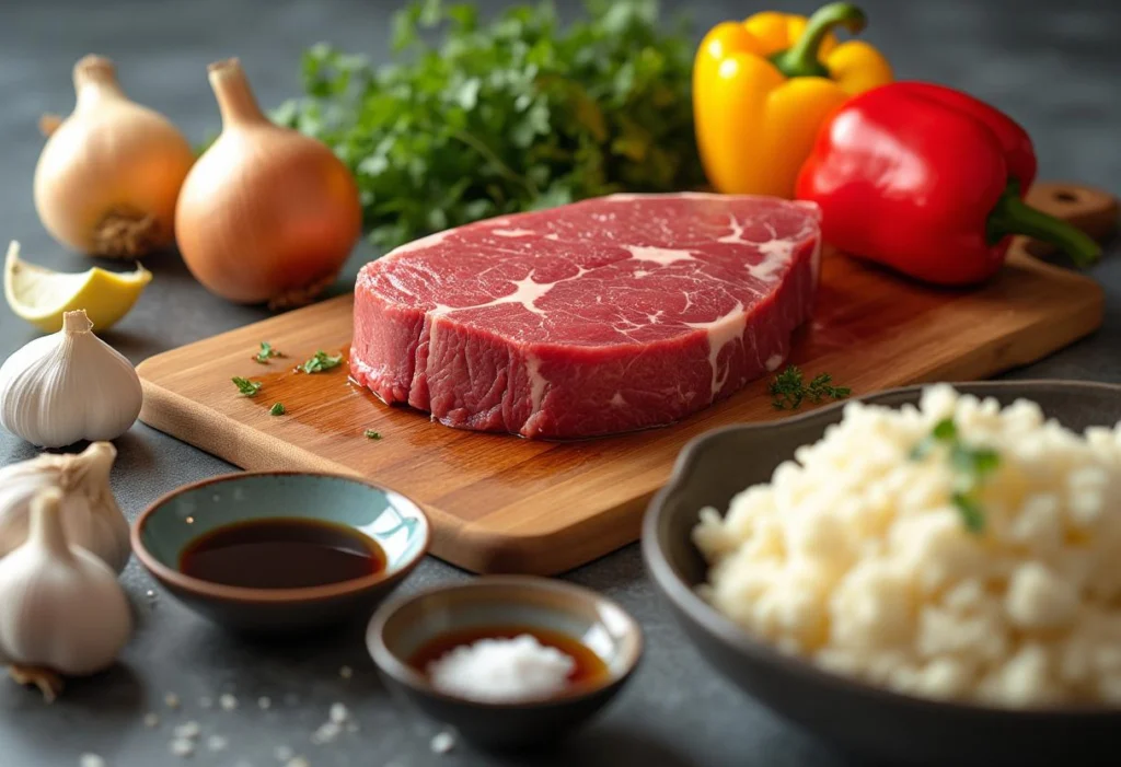 An assortment of fresh ingredients for Sizzling Chinese Pepper Steak with Onions, neatly arranged on a wooden table, including beef strips, sliced bell peppers, onions, garlic, ginger, soy sauce, and seasonings.