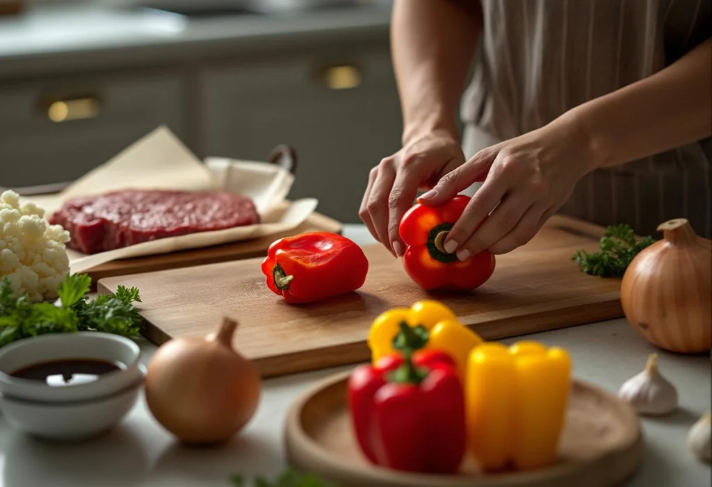 A woman in a modern kitchen preparing Sizzling Chinese Pepper Steak with Onions, slicing fresh vegetables and stirring beef in a skillet with a savory sauce.