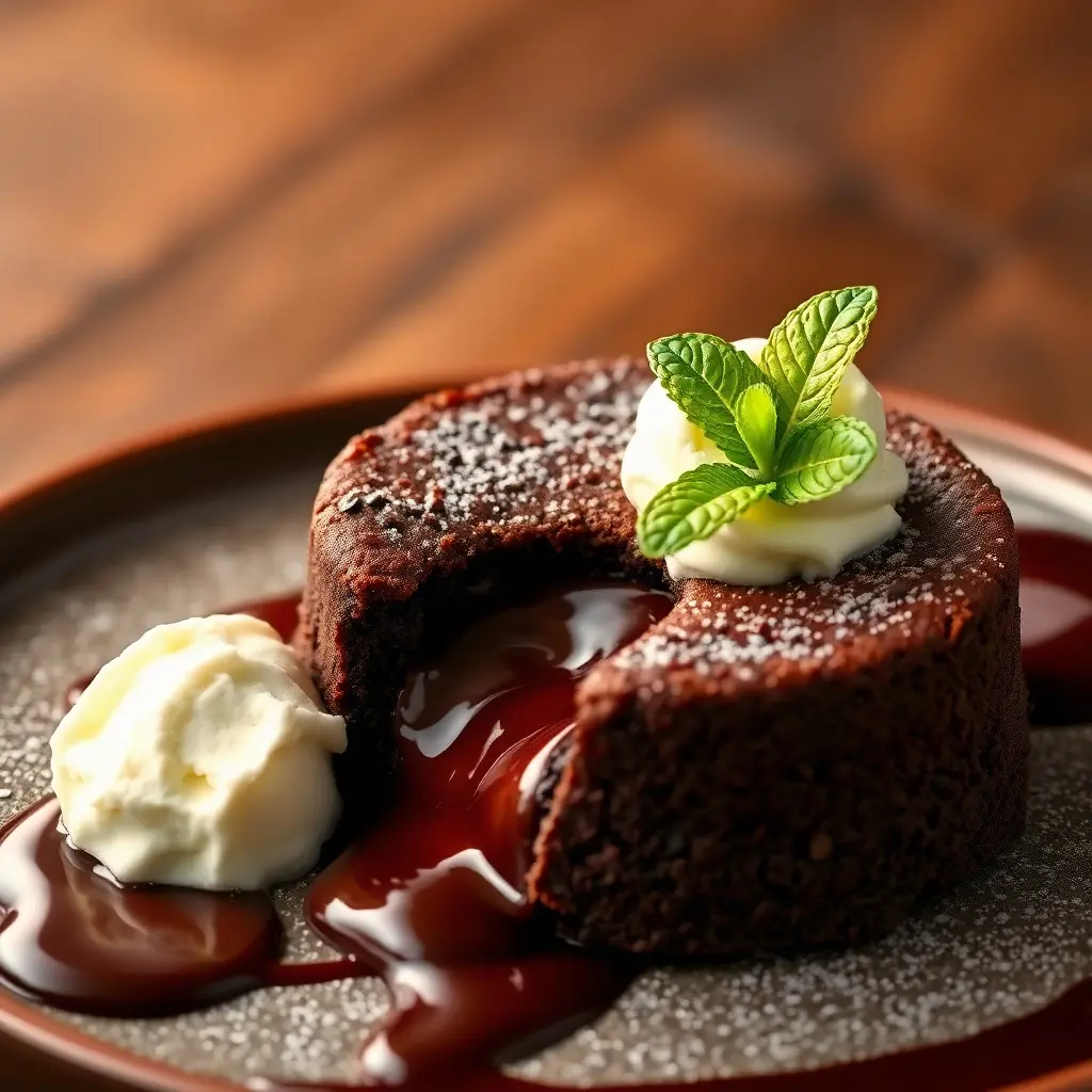 A rich Chocolate Lava Cake with a molten center spilling onto the plate, garnished with powdered sugar, fresh mint, and a scoop of vanilla ice cream.