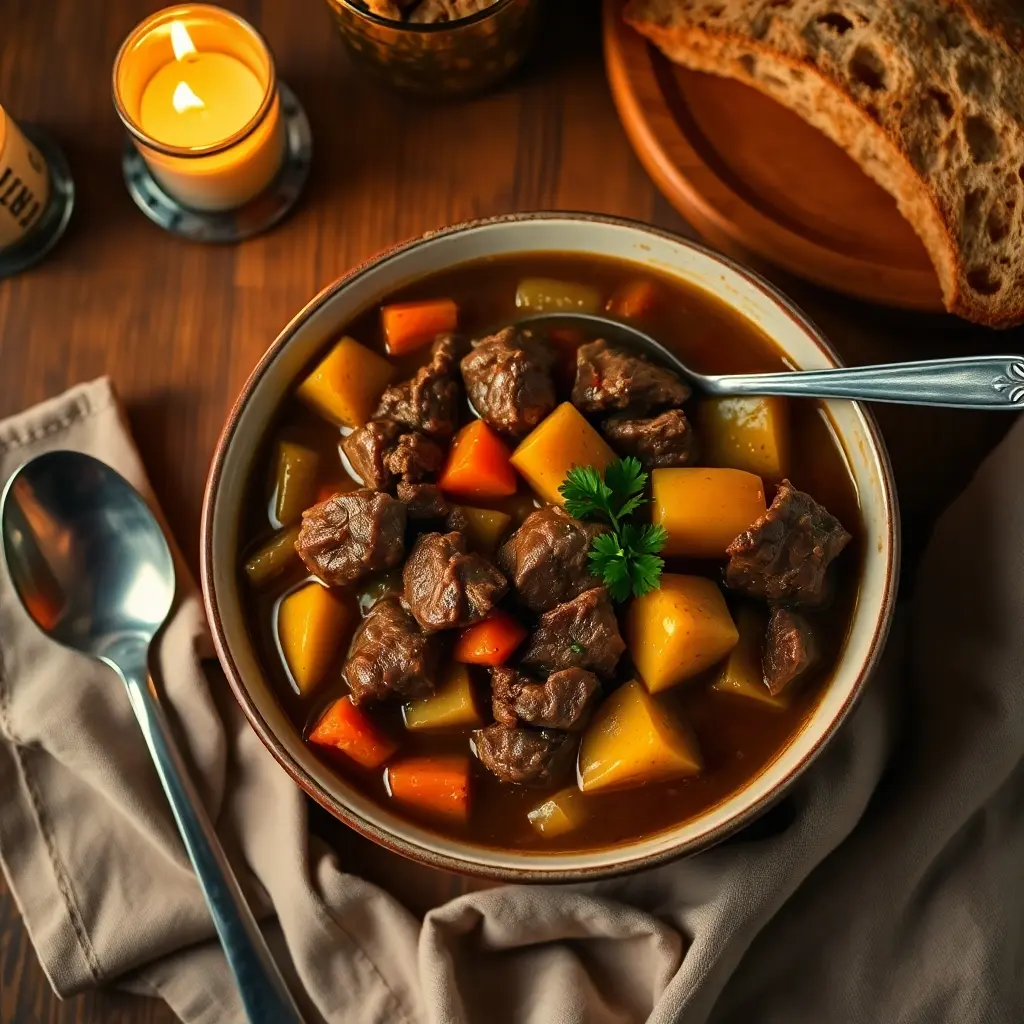 A rustic bowl of Delicious Classic Beef Stew with tender beef, carrots, potatoes, and celery in a thick, savory broth, garnished with fresh parsley.