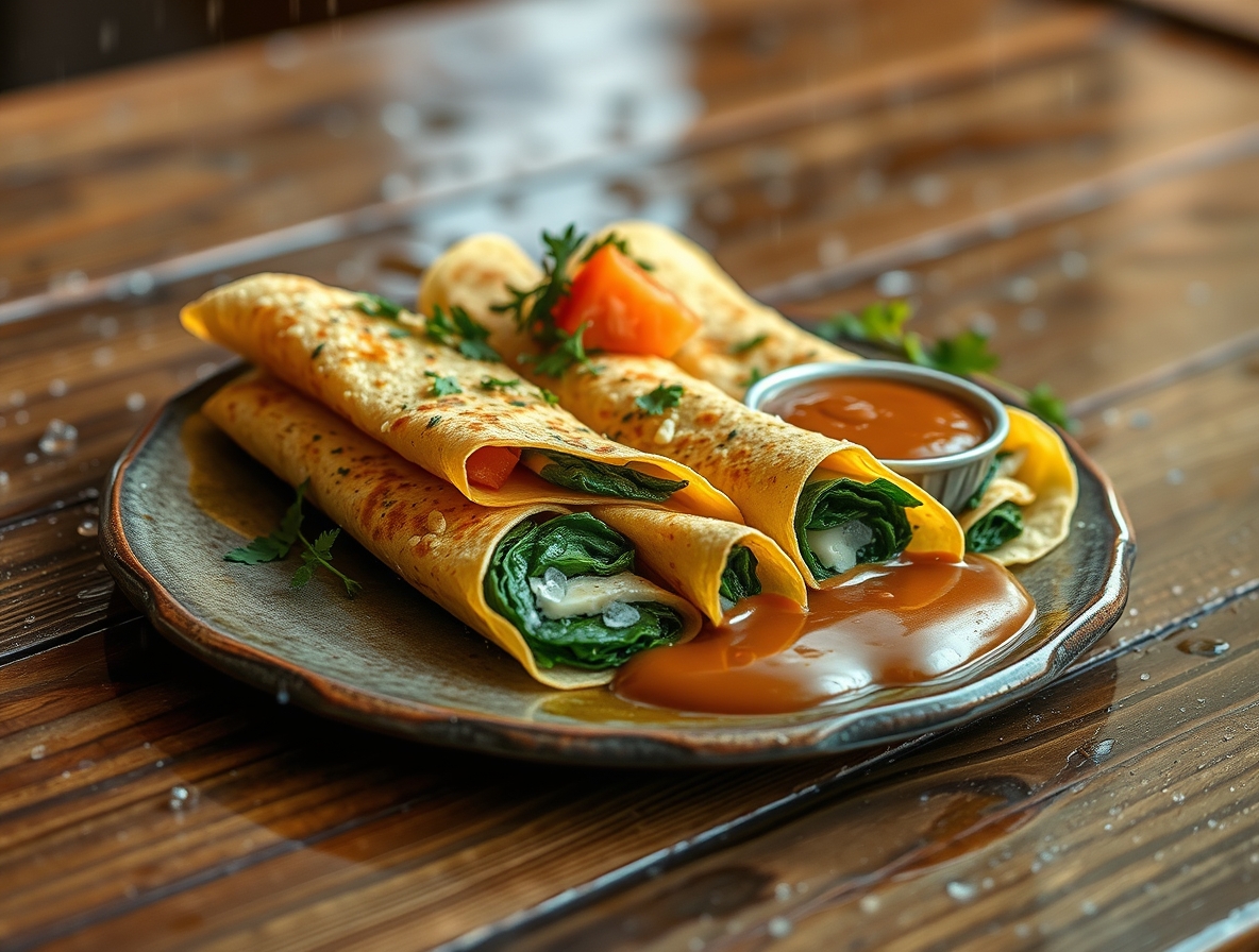 Golden brown savory crepes filled with sautéed spinach, melted cheese, and smoked salmon, garnished with fresh dill and parsley, served on a rustic ceramic plate with creamy dipping sauce on a wooden table.