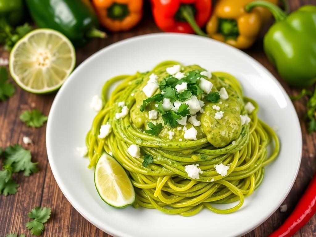 Vibrant plate of green spaghetti with creamy avocado sauce, crumbled queso fresco, fresh cilantro, lime slices, and colorful Mexican peppers on a rustic wooden table."