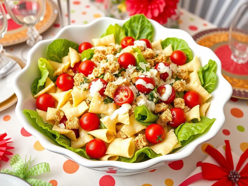 Vibrant Caesar pasta salad with bowtie pasta, romaine lettuce, cherry tomatoes, parmesan cheese, croutons, and creamy Caesar dressing in a decorative bowl on a festive table with colorful decorations.