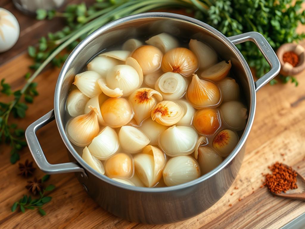 Close-up of a pot filled with golden-brown boiled onions, part of an onion boil recipe, with steam rising, surrounded by fresh herbs and spices on a rustic wooden countertop.