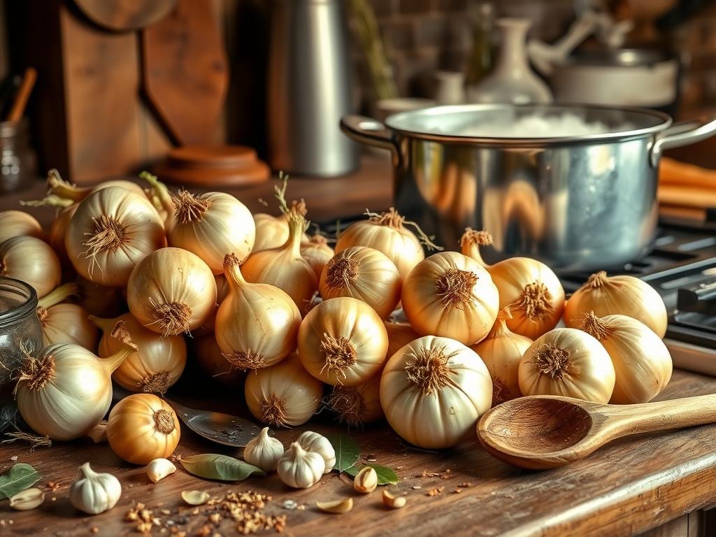 Rustic kitchen countertop with fresh onions, bubbling pot on the stove, scattered herbs and spices, warm lighting, and steam rising.