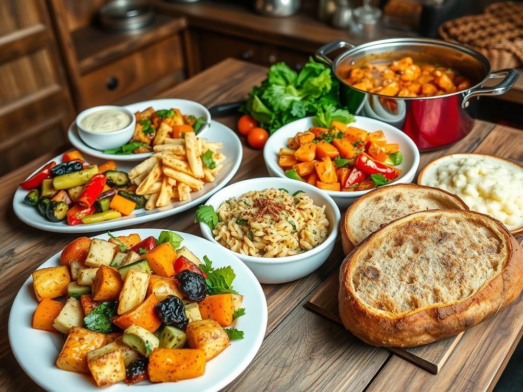 A rustic wooden table featuring onion boil in a steaming pot, surrounded by roasted vegetables, mashed potatoes, fresh salad, and artisan bread.