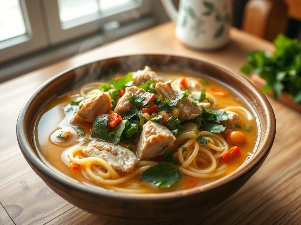 Steaming bowl of rotisserie chicken noodle soup with golden broth, tender chicken, vibrant herbs, colorful vegetables, and egg noodles in a rustic wooden bowl on a cozy kitchen table.